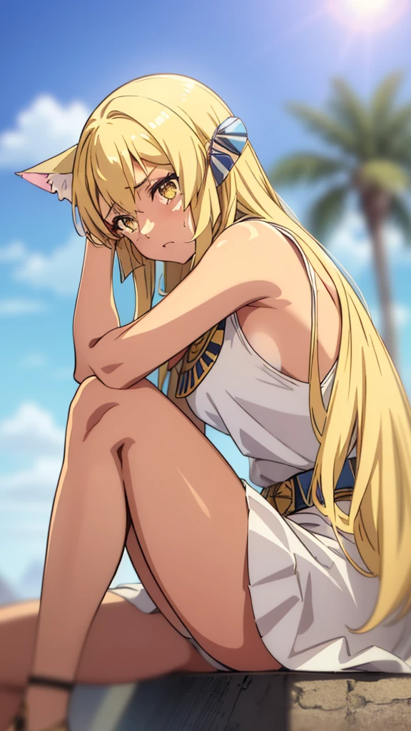 (1girl ,solo,20s,mature female),blonde hair,long hair,cat ears,yellow eyes,(((tanned skin))),(Egypt, blue sky, sun),white egypt oufit,bare shoulders,looking at view,sad,crying,sitting