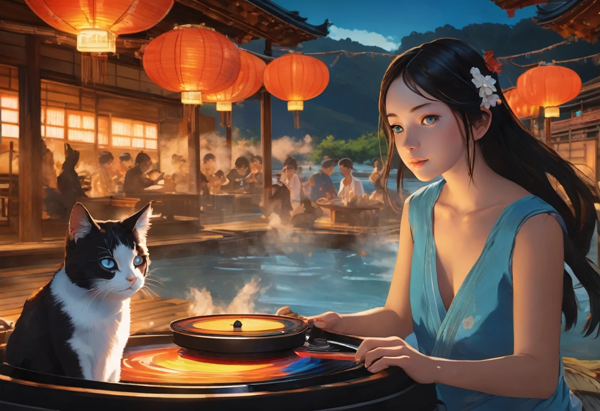 A vibrant onsen event set in a picturesque outdoor landscape with steam rising from the hot springs and lanterns casting a warm glow, where a girl with blue eyes and a cat by her side takes center stage as a DJ, spinning records and energizing the crowd with music, depicted in Dynamic Realism with a focus on capturing the lively energy and intricate details of the scene.