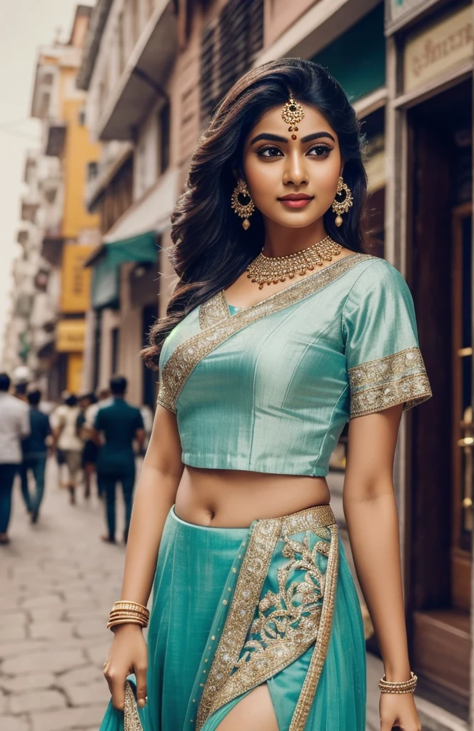 Depict a stunning ((indian woman))donned in a fashionable crop top, her beauty enhanced by a pair of dazzling earrings. Instead of a DSLR, use a vintage film camera to lend a timeless quality to the image. Capture the intricate details of her attire and accessories, and the subtle emotions on her face. Choose a vibrant cityscape as the backdrop, with the bustling city life adding a dynamic contrast to her calm demeanor. The overall composition should exude a sense of urban chic and sophistication
