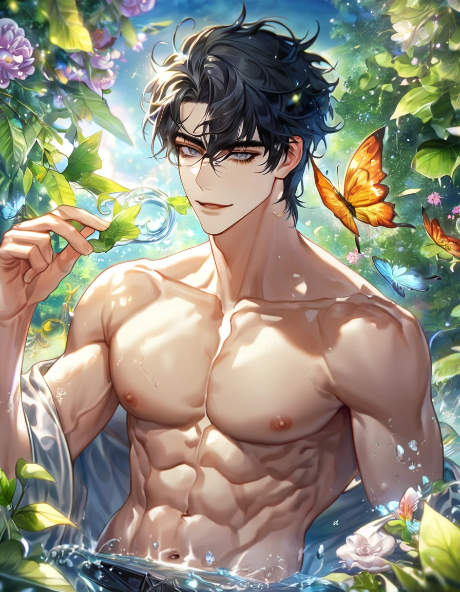 absurdres, highres, ultra detailed, HDR, master piece, best quality, extremely detailed face, Yoo Joonghyuk, black hair, expressive gray eyes, omniscient reader's viewpoint, solo, sexy man, handsome, handsome smile, bare chest, toned chest, without shirt, fantasy, magical, butterflies, summer, green leaves, flowers, water