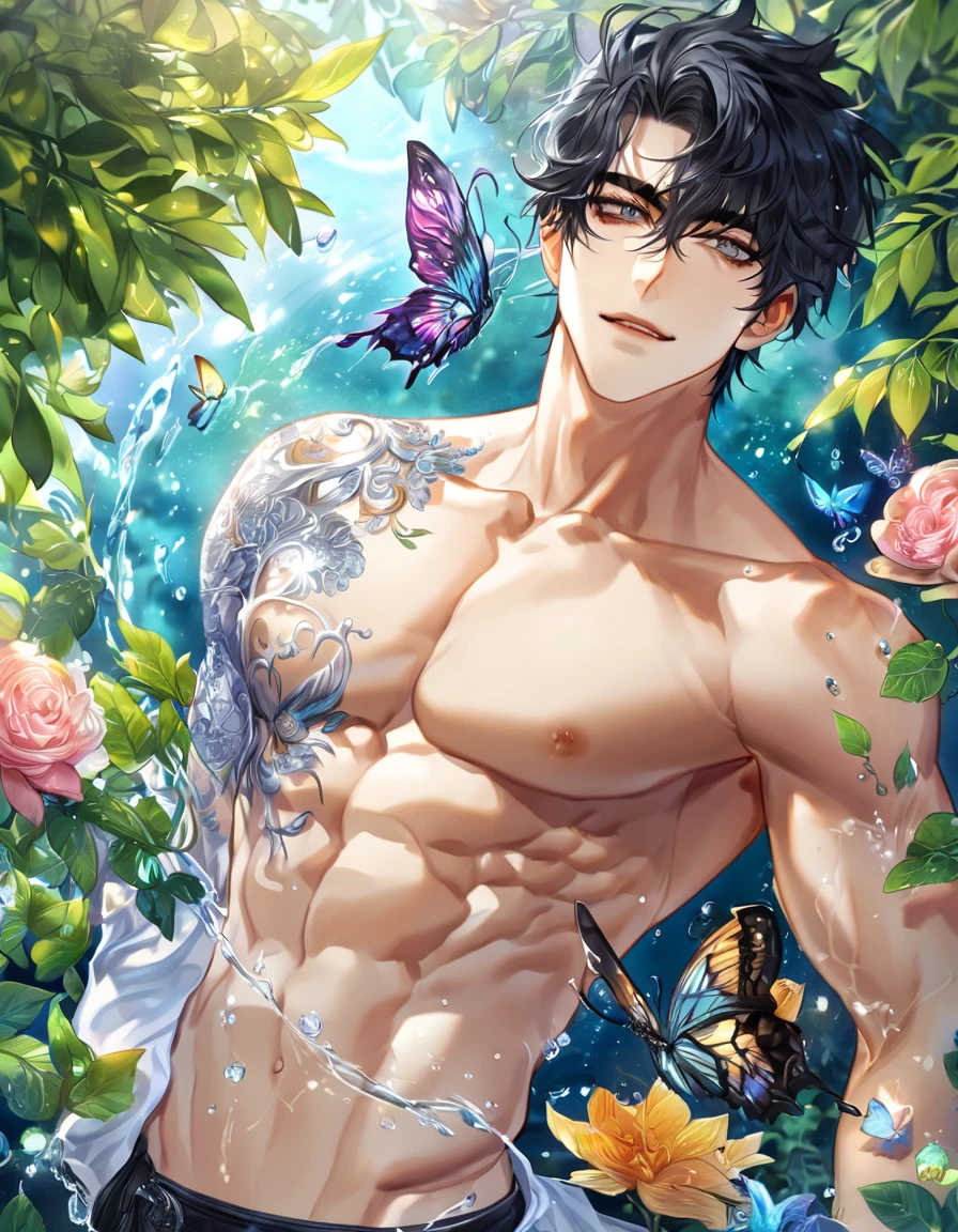 absurdres, highres, ultra detailed, HDR, master piece, best quality, extremely detailed face, Yoo Joonghyuk, black hair, expressive gray eyes, omniscient reader's viewpoint, solo, sexy man, handsome, handsome smile, bare chest, toned chest, without shirt, fantasy, magical, butterflies, summer, green leaves, flowers, water