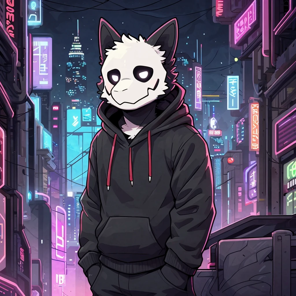 by donkeyramen, wfa, (coffeesoda:1.1), hioshiru, zackary911, puro, anthro, male, solo, clothing, fur, 2022, black clothing, hoodie, black topwear, lidded eyes, black hoodie, cyberpunk city background,