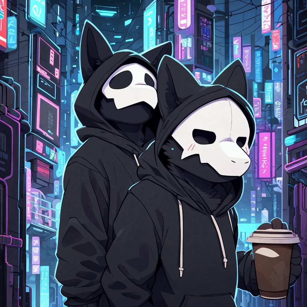 by donkeyramen, wfa, (coffeesoda:1.1), hioshiru, zackary911, puro, anthro, male, solo, clothing, fur, 2022, black clothing, hoodie, black topwear, lidded eyes, black hoodie, cyberpunk city background,