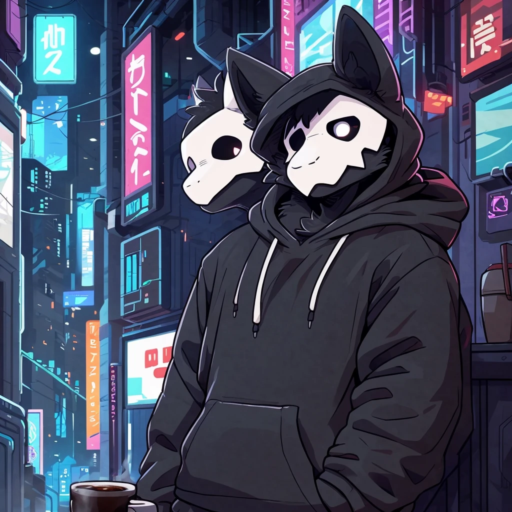 by donkeyramen, wfa, (coffeesoda:1.1), hioshiru, zackary911, puro, anthro, male, solo, clothing, fur, 2022, black clothing, hoodie, black topwear, lidded eyes, black hoodie, cyberpunk city background,