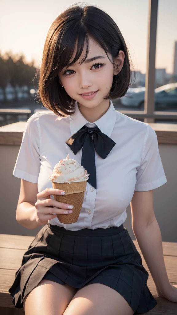 (8k, RAW photo, best quality, masterpiece: 1.2), (realistic, photo-realistic: 1.37), ultra-detailed, 1 girl, cute, solo, beautiful detailed sky, detailed coffee, night, sitting, (flushed nose), (smile: 1.1), (mouth closed), medium breasts, beautiful detailed eyes, (collared shirt: 1.1), bow tie, pleated skirt, (short hair: 1.2), long hair, taking big ice cream,