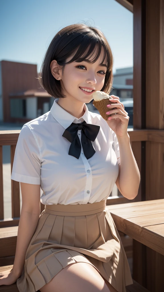 (8k, RAW photo, best quality, masterpiece: 1.2), (realistic, photo-realistic: 1.37), ultra-detailed, 1 girl, cute, solo, beautiful detailed sky, detailed coffee, night, sitting, (flushed nose), (smile: 1.1), (mouth closed), medium breasts, beautiful detailed eyes, (collared shirt: 1.1), bow tie, pleated skirt, (short hair: 1.2), long hair, taking big ice cream,