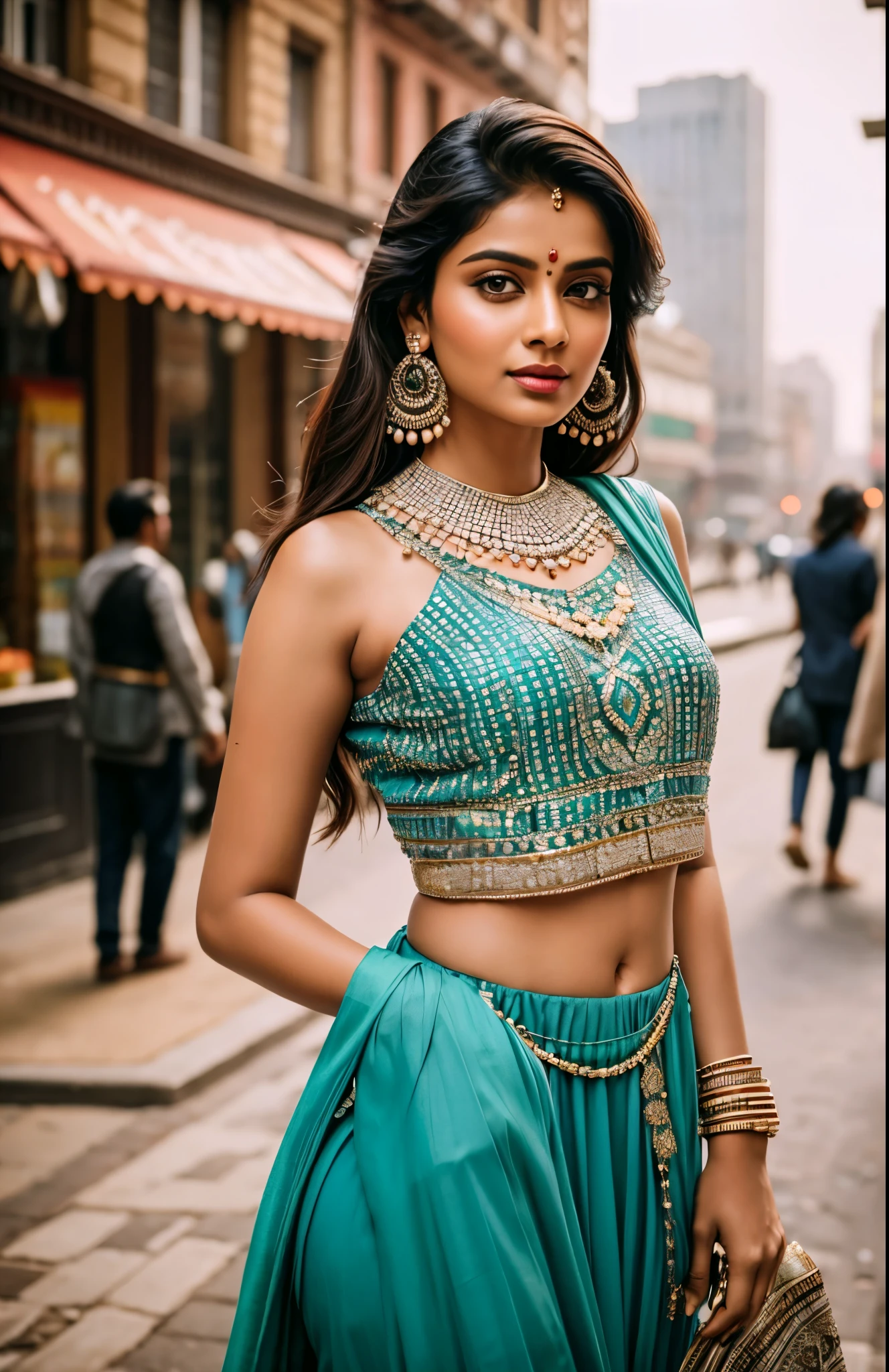 Depict a stunning ((indian woman)) donned in a fashionable crop top, her beauty enhanced by a pair of dazzling earrings. Instead of a DSLR, use a vintage film camera to lend a timeless quality to the image. Capture the intricate details of her attire and accessories, and the subtle emotions on her face. Choose a vibrant cityscape as the backdrop, with the bustling city life adding a dynamic contrast to her calm demeanor. The overall composition should exude a sense of urban chic and sophistication