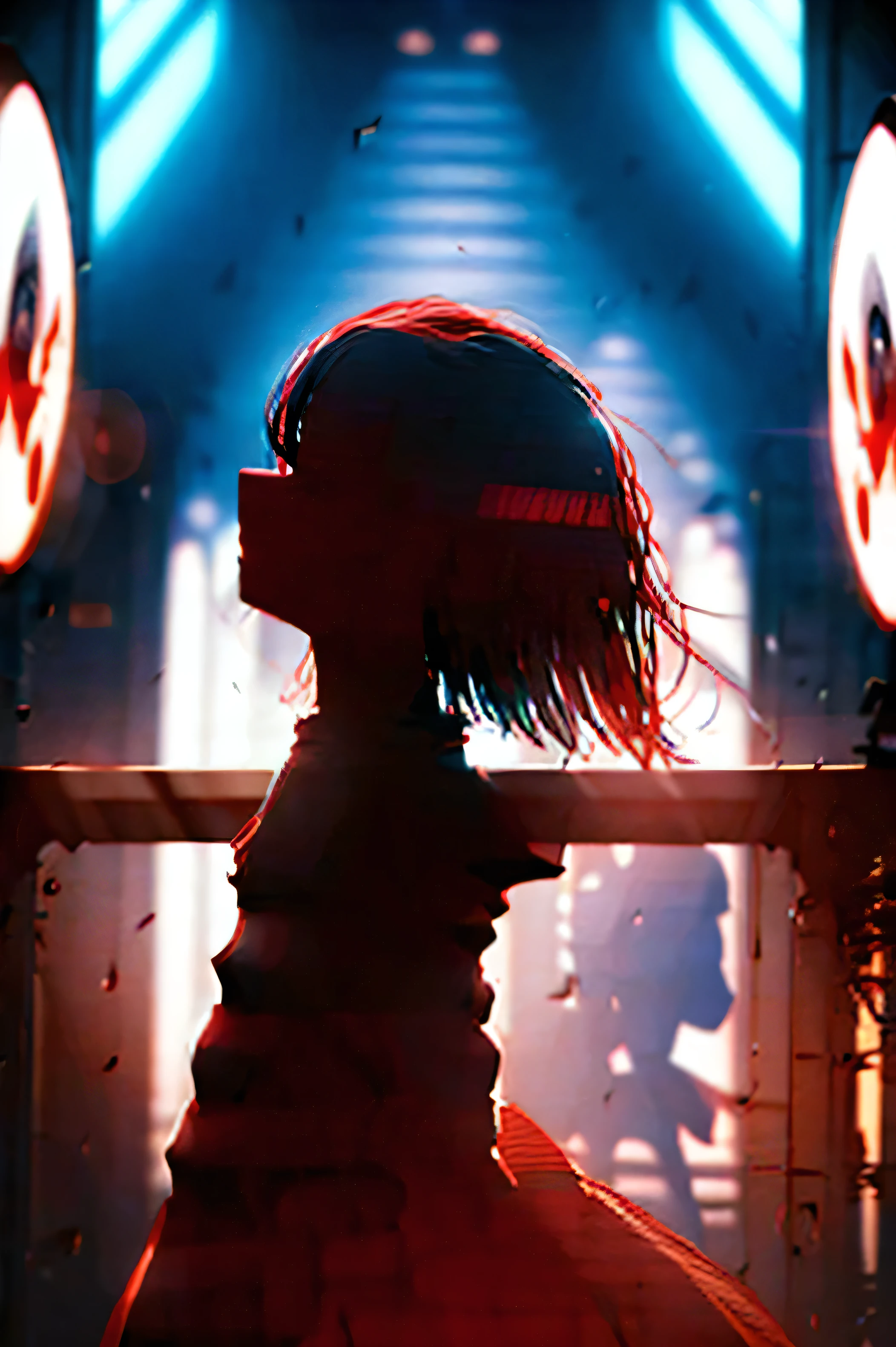 a masterpiece, a woman with red eyes stands in front of a window, beautiful eyes are visible on a large monitor screen in the background, a girl in the center, a silhouette of a girl in the center, red lighting, red eyes, blood, detailed, luminous, dim room, lighting from screens, monitor panels that depict girls, on monitor panels eyes are visible, many eyes.