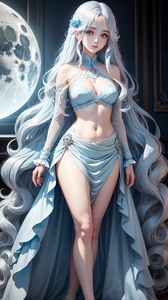 Silvery long curly hair shines,Eyes light blue like a diamond,The whole body exudes a hint of coolness,Wearing a light blue long gauze skirt,A girl as beautiful as the moon, shining all over