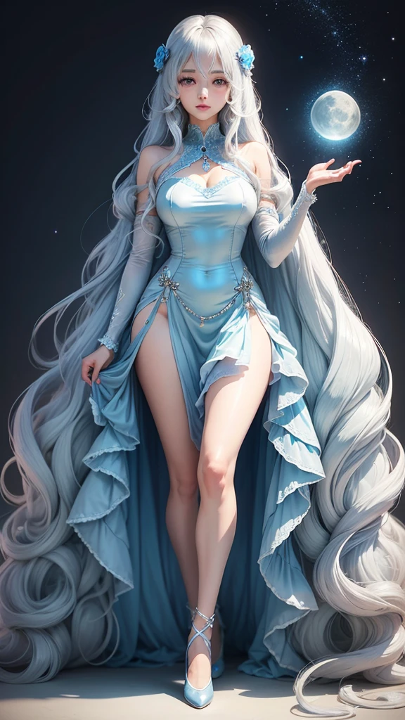 Silvery long curly hair shines,Eyes light blue like a diamond,The whole body exudes a hint of coolness,Wearing a light blue long gauze skirt,A girl as beautiful as the moon, shining all over