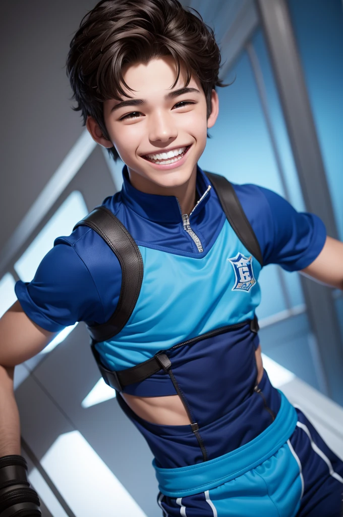 15 year old character smiling with his brunette color with braces on his teeth hair with a blue streak