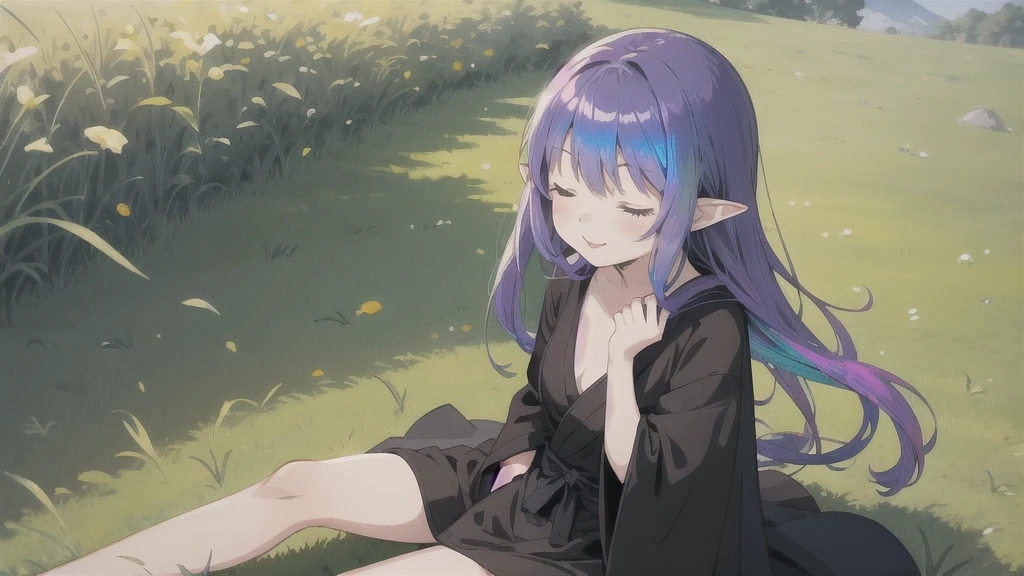 anime girl long purple hair wearing a black Robe. she has pointy ears. Manga kawaii. iridescent ,An illustration, 0ne person .Sitting in the grass, hair blowing in the wind, Eyes closed