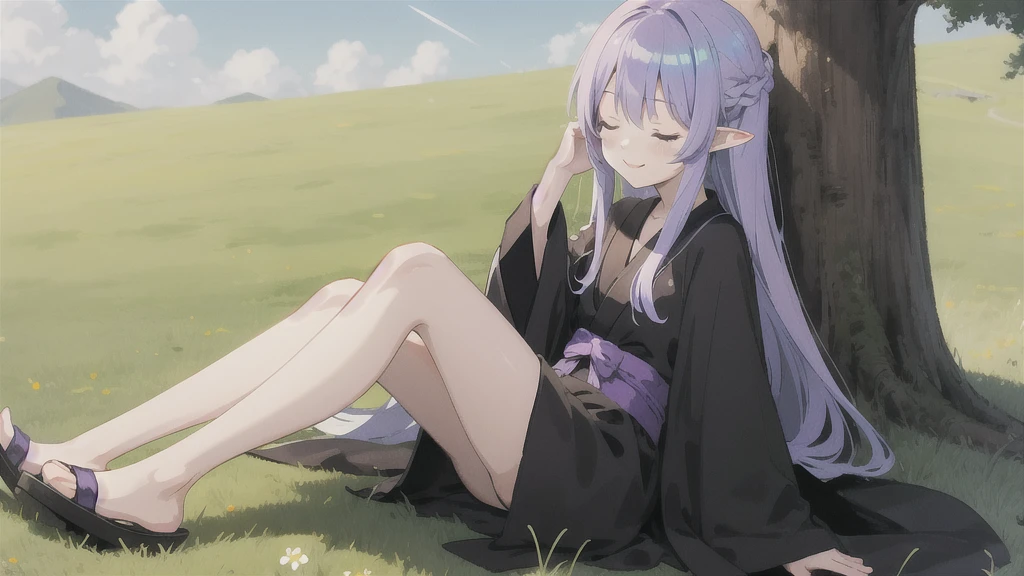 anime girl long purple hair wearing a black Robe. she has pointy ears. Manga kawaii. iridescent ,An illustration, 0ne person .Sitting in the grass, hair blowing in the wind, Eyes closed