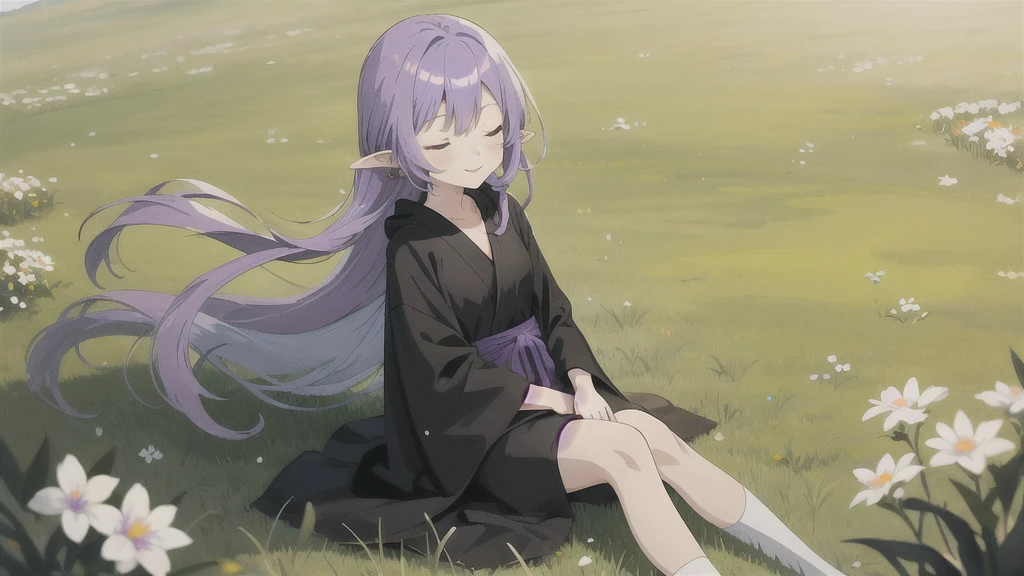 anime girl long purple hair wearing a black Robe. she has pointy ears. Manga kawaii. iridescent ,An illustration, 0ne person .Sitting in the grass, hair blowing in the wind, Eyes closed