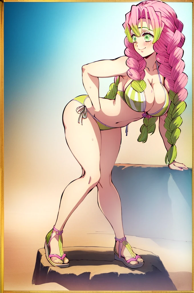 (masterpiece, best quality), intricate details,
MitsuriKanroji, kanroji mitsuri, 1girl, solo, long hair, winking, green eyes, pink hair, green hair, twin braids, smile, cute smile, blushed smile, blush, blushing, large breast, huge breasts, bikini top, collarbone, neck, bare shoulders, yellow bikini top, cleavage, full body, long legs, cameltoe, cowboy shot, plain background, white background, photoshoot, perfect shot, perfect framing, full body shot, bending over, side view