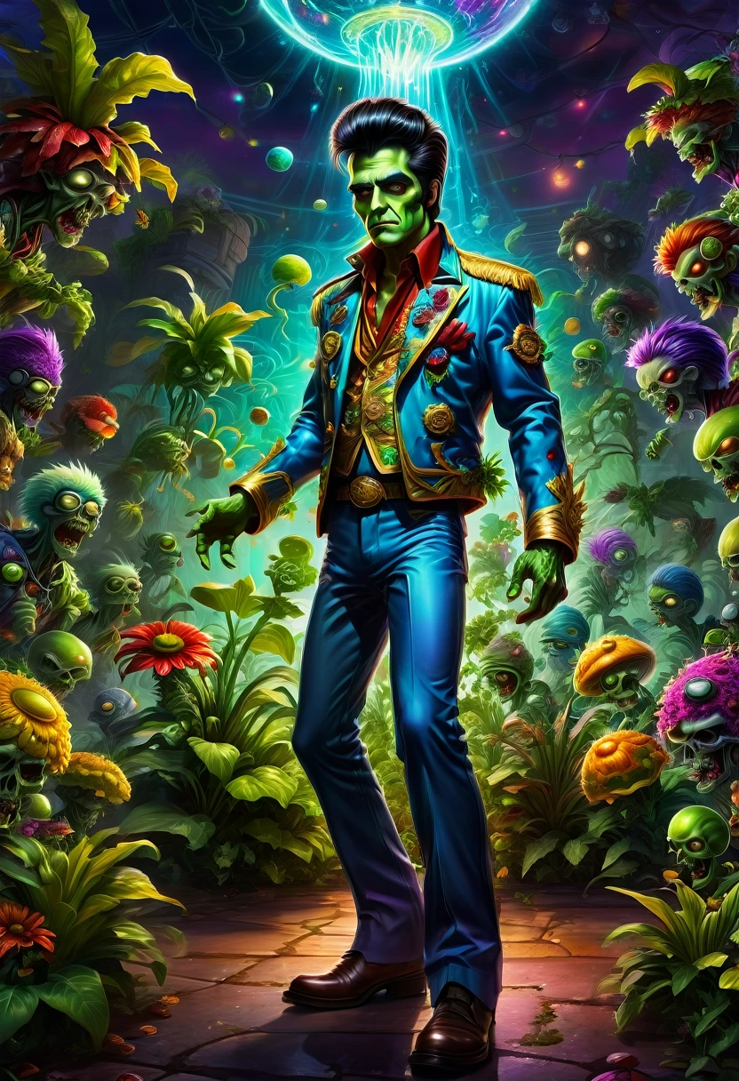 a Zombie dressed like Elvis Presley, hair, electric guitar, disco, game "Plants vs. Zombies", full body, cinematic still, cinemascope, best quality, masterpiece, very aesthetic, perfect composition, intricate details, ultra-detailed, vivid colors
