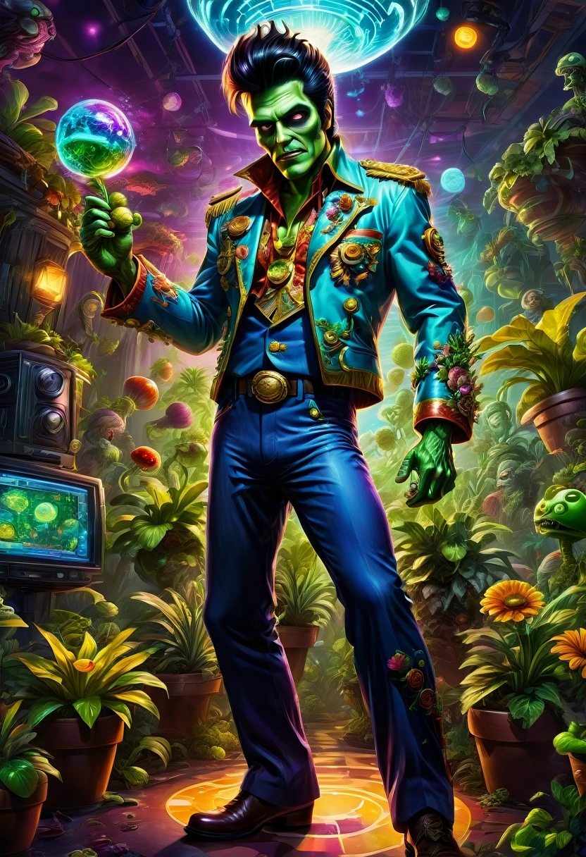 a Zombie dressed like Elvis Presley, hair, electric guitar, disco, game "Plants vs. Zombies", full body, cinematic still, cinemascope, best quality, masterpiece, very aesthetic, perfect composition, intricate details, ultra-detailed, vivid colors