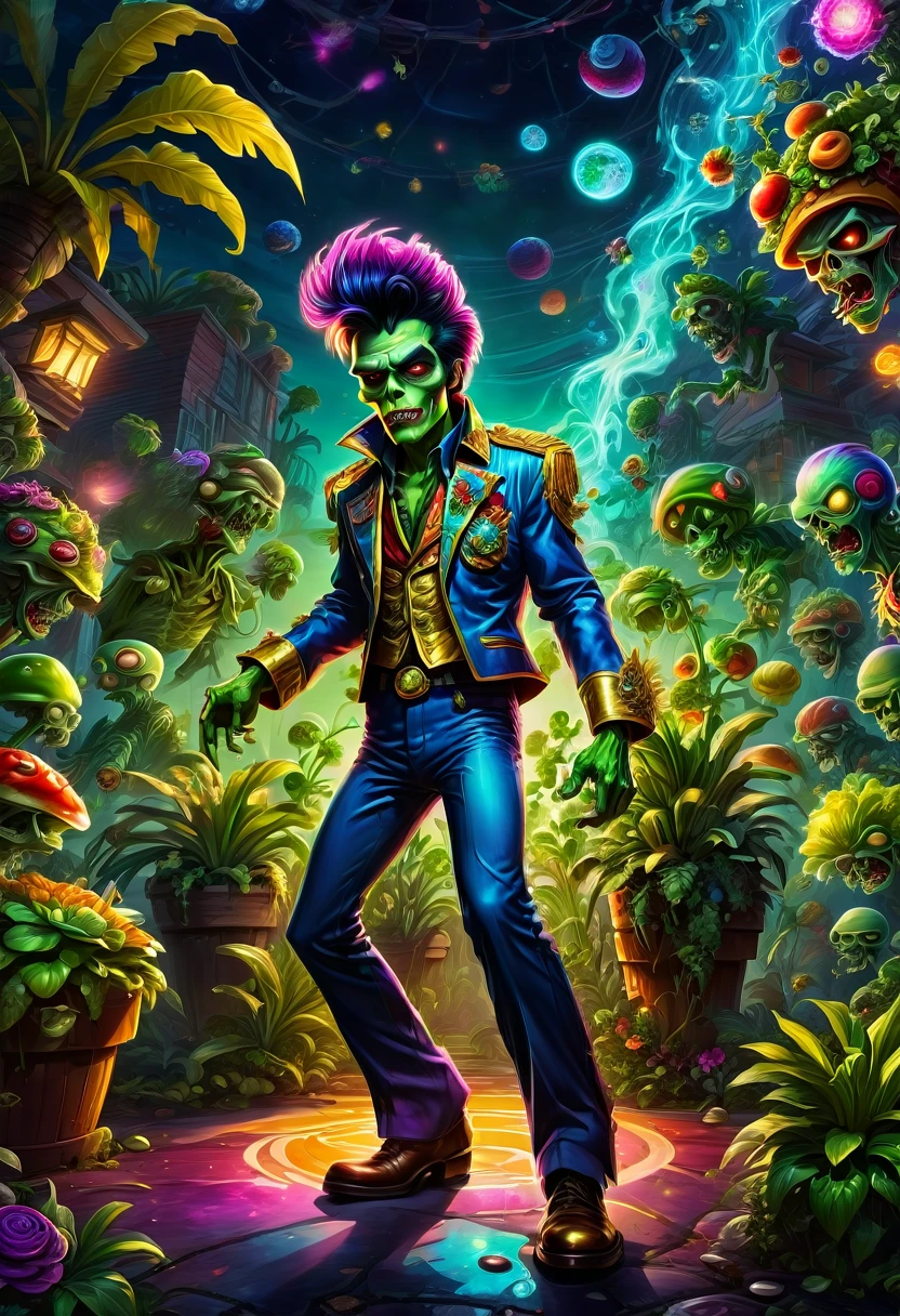 a Zombie dressed like Elvis Presley, hair, electric guitar, disco, game "Plants vs. Zombies", full body, cinematic still, cinemascope, best quality, masterpiece, very aesthetic, perfect composition, intricate details, ultra-detailed, vivid colors