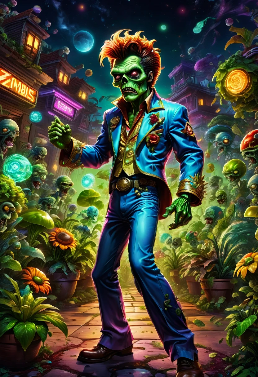 a Zombie dressed like Elvis Presley, hair, electric guitar, disco, game "Plants vs. Zombies", full body, cinematic still, cinemascope, best quality, masterpiece, very aesthetic, perfect composition, intricate details, ultra-detailed, vivid colors