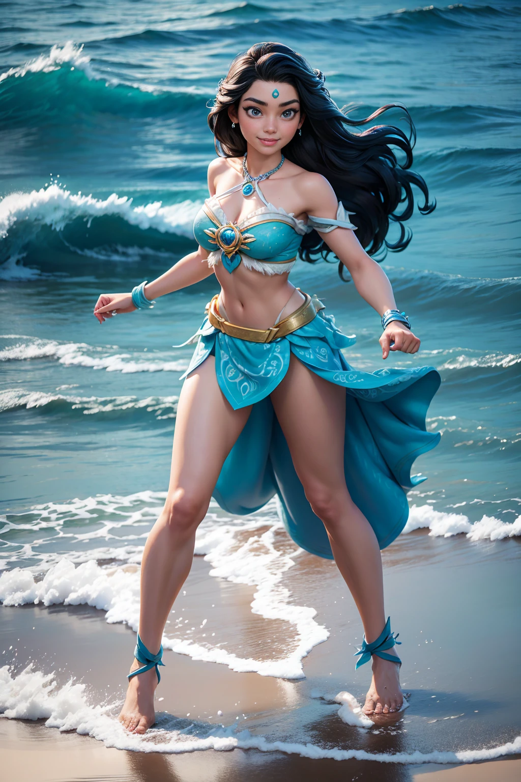 (((full body photo))) Elsa-Moana Fusion, Merging models, Moana's clothes, melting, 1 girl, beautiful, character, woman, feminine, beach, (master part:1.2), (best quality:1.2 ), (Solo:1.2), ((fighting pose)), ((battlefield)), cinematographic, perfect eyes, perfect skin, Perfect lighting, smile, light, cor, textured skin, detail, Beauty, wonder, ultra detailed, perfect face