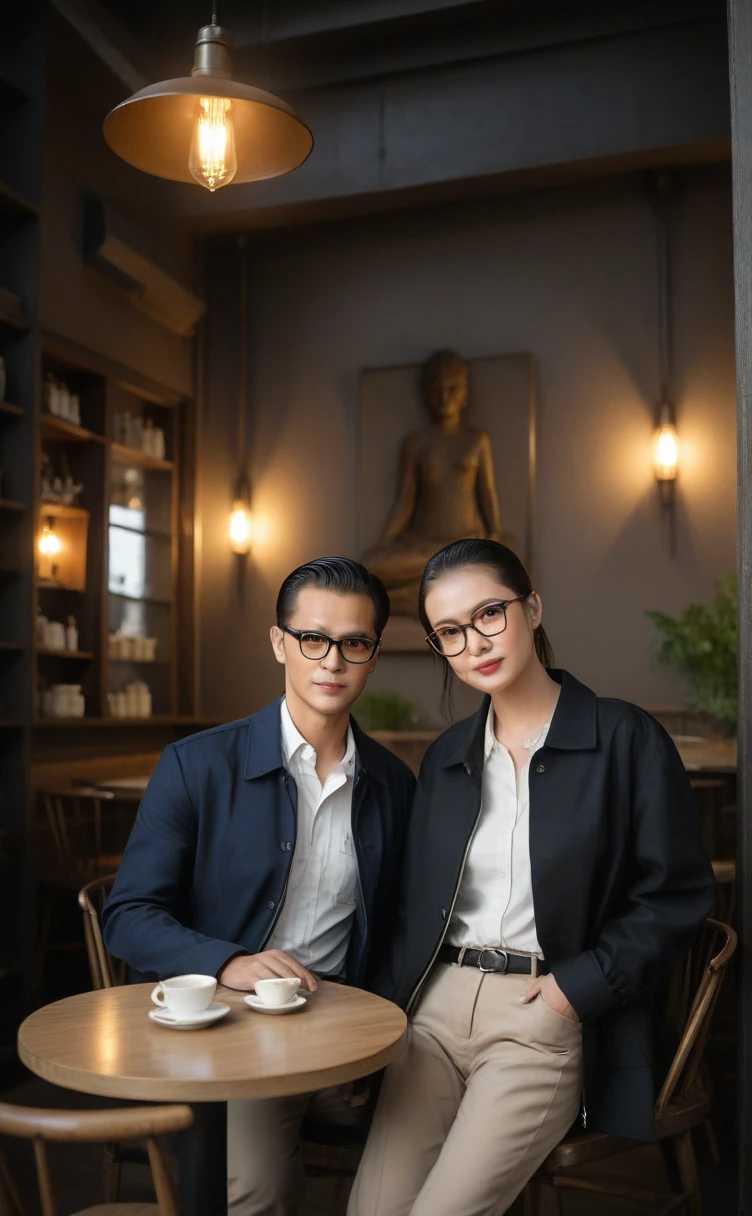 Advanced Stroboscopic and AI Quantum Reality Technology has produced a stunningly realistic (((professional photography))) of romantic couple, capturing a vividly detailed (((perfect woman with striking features)) memakai pakaian santai, pakaian sehari hari yang trendi dan gaul) and a handsome man with a slicked-back undercut hair style and glasses, enjoying a relaxed moment at a cozy cafe with its luxuriously stylish interiors