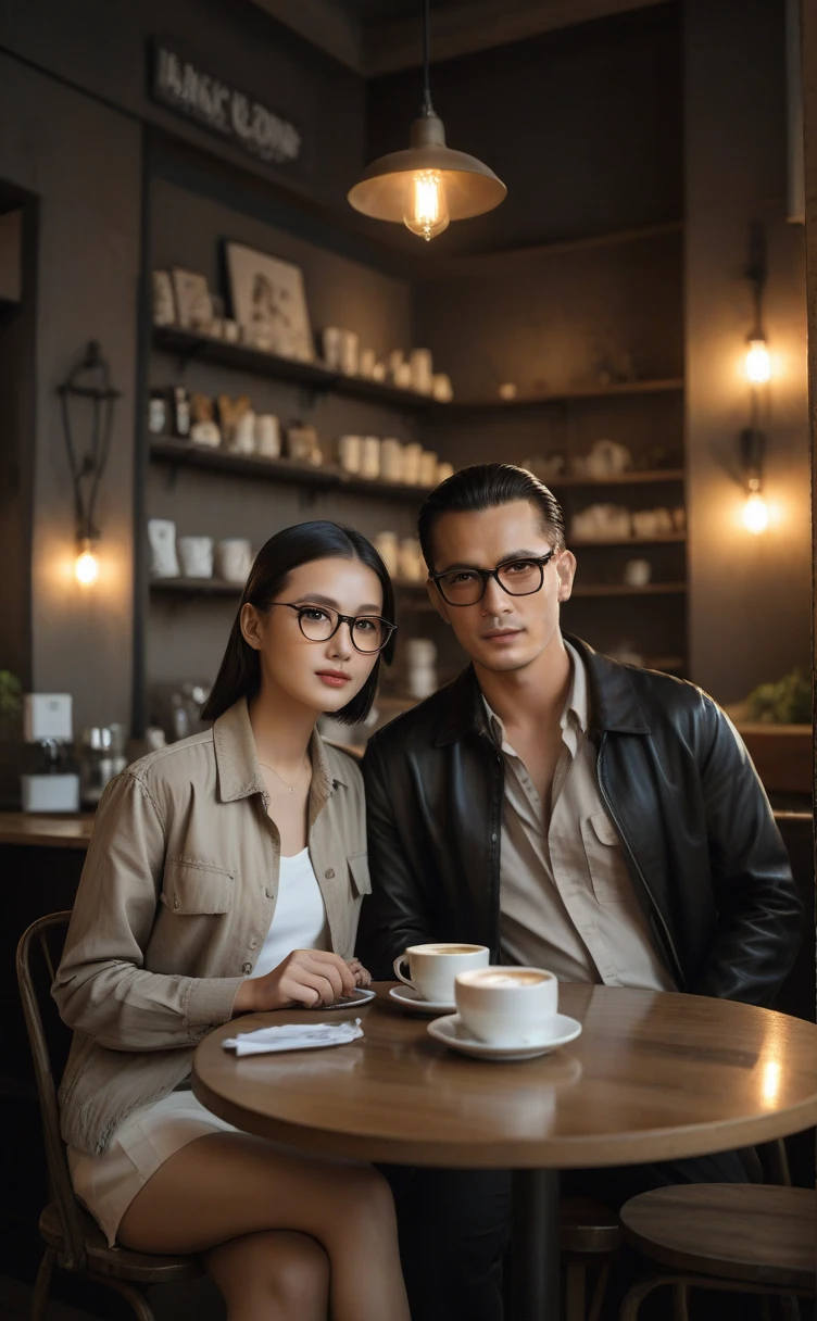 Advanced Stroboscopic and AI Quantum Reality Technology has produced a stunningly realistic (((professional photography))) of romantic couple, capturing a vividly detailed (((perfect woman with striking features)) memakai pakaian santai, pakaian sehari hari yang trendi dan gaul) and a handsome man with a slicked-back undercut hair style and glasses, enjoying a relaxed moment at a cozy cafe with its luxuriously stylish interiors