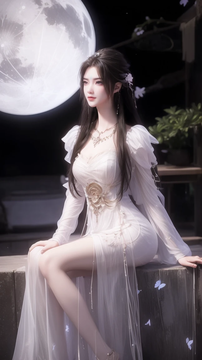 1girl, girl with long black hair, smiling, cheerful, the girl wearing white long dress, girl is sitting among a wide expanse of flowers,girl posing gracefully , surrounded by beautiful flowers, Calm and peaceful atmosphere, night, moonlight , Beautiful glowing butterflies surround the girl lighting up the darkness of the night, magic,Romantic, the night breeze blows the Sepoi Sepoi girl's hair,