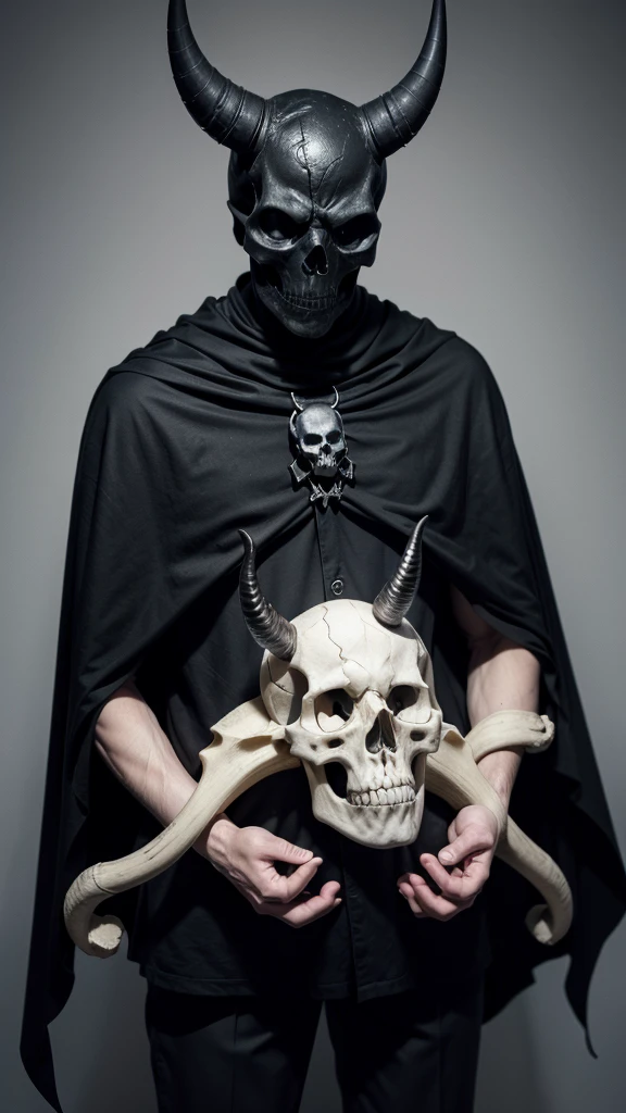 A skull with a skull face with a horn on its head facing backwards its skull torso wearing a black cape its body is all bones its hands are skulls its feet are ox legs wearing black pants and holding a bone cane in its right hand