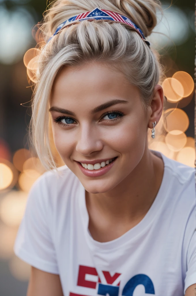 gorgeous, beautiful, 21 years old scandinavian, white hair in a bun, best photo ever, men magazine portrait, (((Happy 4th of July themed shirt on))), america colors, america's flag, beautiful smile, perfect teeth, seductive, flirty, face photo, america background, smiling, detailed skin, realistic, photo-realistic, 8k sharp focus, highly detailed, full length frame, High detail RAW color art, piercing, diffused soft lighting, shallow depth of field, sharp focus, hyperrealism, cinematic lighting