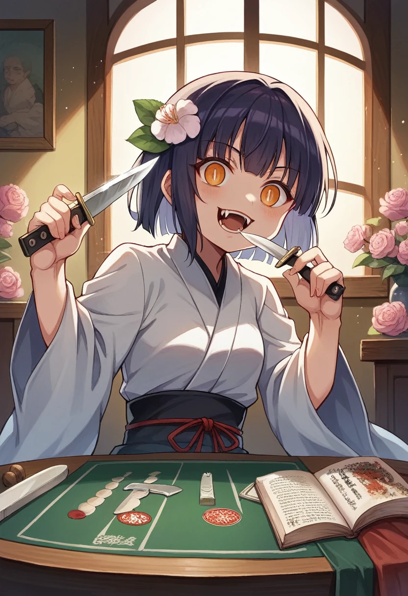 beautiful demon painting, knife剣を携えた鬼の女, knife, 妖knife, knife, strong female samurai, 2book corner, mouth with fangs, Eyes without pupils, gambling, Kumatori, Hyakka Ryōran, Flower of Shura, Looks like he's in his late 20s, beautiful black haired demon, sharp beauty, Beautiful red kimono, Oiran, highest ranking woman, Ghost Girl, Female Yakuza, Doji Ibaraki, Shuten Douji, Inspired by Chen Yifei, Inspired by Francesco Hayez, Inspired by Hendrik Terbruggen, Jean=Works that influenced Auguste Dominique Ingres, Inspired by Liu Jun, Jean=Works that influenced Auguste Dominique Ingres, highest quality, perfect angle, perfect composition, The perfect subject, best shot, official art, cinematic light, figurative art, Beautiful and expressive paintings, Beautiful artwork illustration, wonderful, cool beauty, clear, Mysterious, highest quality, official art, perfect composition, perfect angle, best shot, women only, sharp outline, pretty much beautiful face, The demon lurking in the darkness of Kyoto, Lord of Chimi-Mourou, A ruthless demon woman, demon queen, Female Yakuza, full body tattoo, Danbilla, 妖knife, wide, Rashomon, SakuraFubuki, Please refrain from, I'll let you die