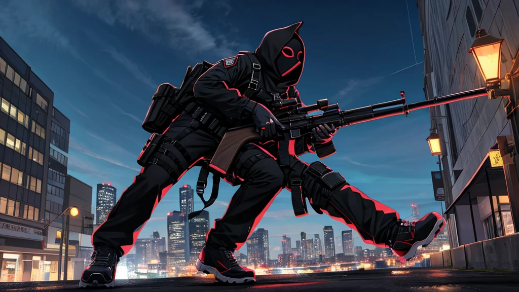 A full body view wearing a black tactical outfit with a mask covering half of his face holding a sniper Aiming down at night