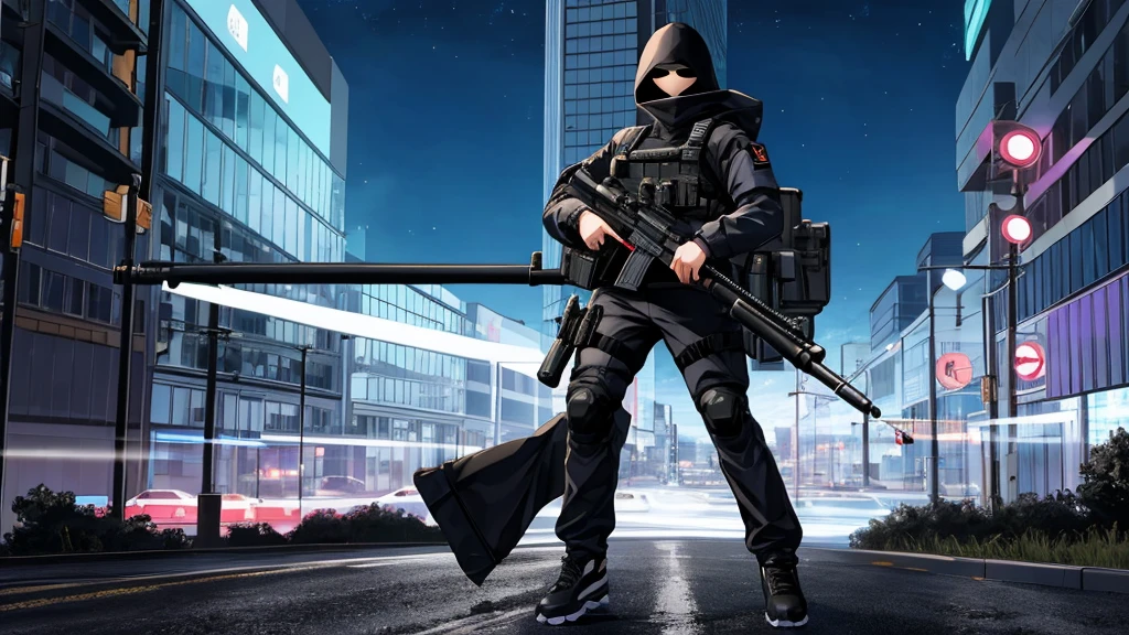 A full body view wearing a black tactical outfit with a mask covering half of his face holding a sniper Aiming down at night