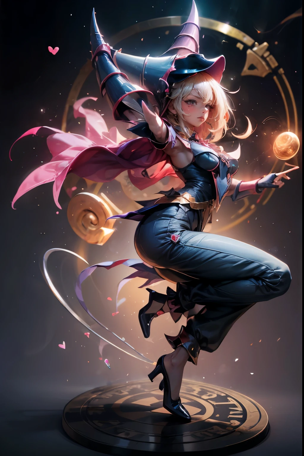dark magician gils, with high-heels. pants,  sexy, Subjective and sensual pose. magic background. Magical heart in the air. magic circle 