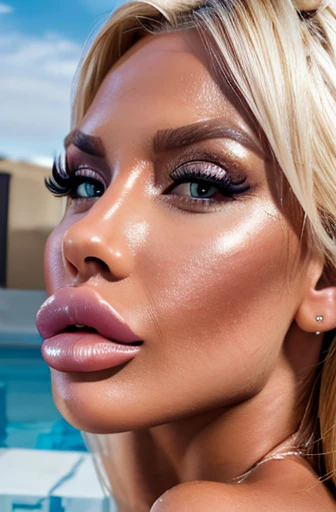 sexy platinum blonde bimbo, glam makeup, tan skin, voluminous hair, outside mansion pool, big lips, (enormous lips:1.2), (huge lips:1.1), bimbolips, strong lighting, sunlight, 8k, 4k, intricate, detailed face, detailed eyes (best quality,4k,8k,highres,masterpiece:1.2),ultra-detailed,(realistic,photorealistic,photo-realistic:1.37)