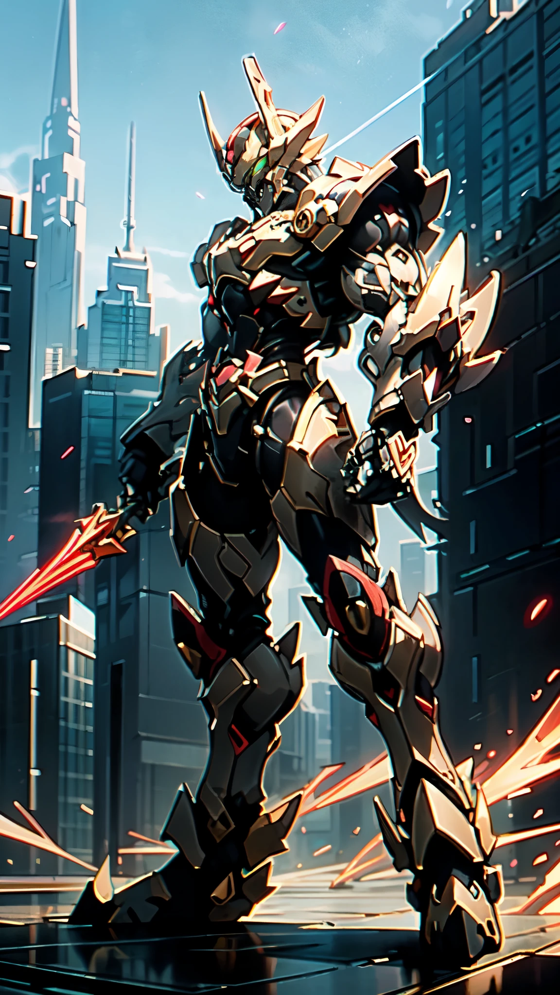 (masterpiece:1.5, best quality:1.5, extremely delicate:1.5, perspective:1.5, foreshortening:1.5, dynamic angle:1.5), a man wearing a full-face helmet, a fantasy-style biotech armored combat suit, green eyes, (a composite layered chest armor), fully enclosed shoulder guards, matching arm and leg guards, the belt is adorned with fangs biting into orbs, (the color scheme is primarily black with red accents), the design balances heavy with agility, a high-tech bio-mecha armor, (Armor Concept Inspired by Bat, stand on the top of a skyscraper in a futuristic sci-fi city), this character embodies a finely crafted fantasy-surreal style armored hero in anime style, exquisite and mature manga art style, (element, plasma, energy, the armor glows), ((male:1.5)), metallic, high definition, highres, ultra-detailed, ultra-fine painting, professional, perfect body proportions, golden ratio, anatomically correct, symmetrical face, extremely detailed eyes and face, high quality eyes, creativity, RAW photo, UHD, 32k, Natural light, cinematic lighting, masterpiece-anatomy-perfect
