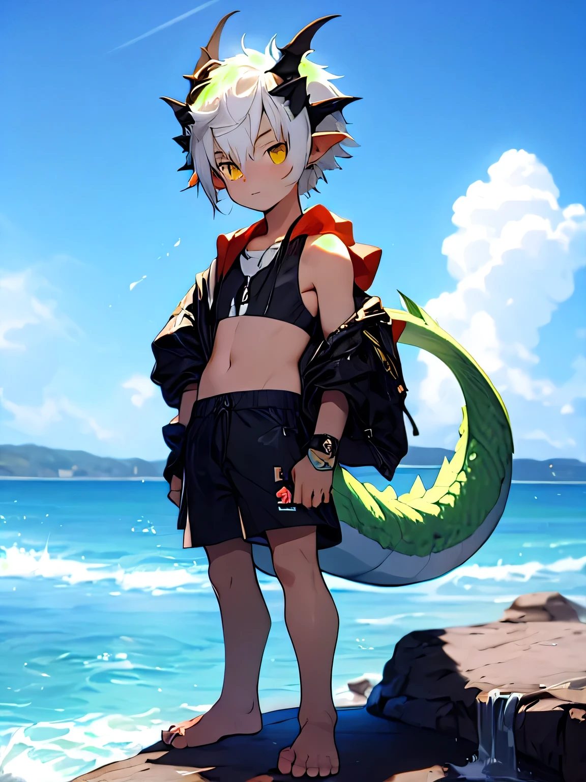 Anime style image，A ********** standing on the rocks by the sea, Concept art by Shitao, Urinating, Furry Art，Popular on artstation pixiv, Guvitz-style artwork, Guvitz, guweiz on artstation pixiv, Young male anthropomorphic dragon，White scales，White hair，Close-up photos，（big breasts slightly fat）