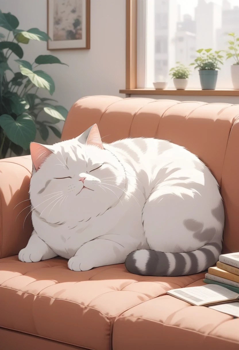 score_9, score_8_up, score_7_up, score_6_up, score_5_up, score_4_up, source_anime, 2.5D, cute plump cat is leaning on the sofa and napping, simple and cute picture book-like background with gentle color effects