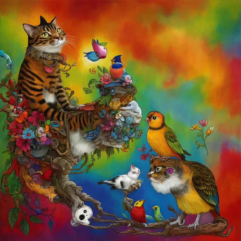 The last cat on earth nurturing a small colorful bird of hope at the end of time. Be creative. Post-apocalypse.