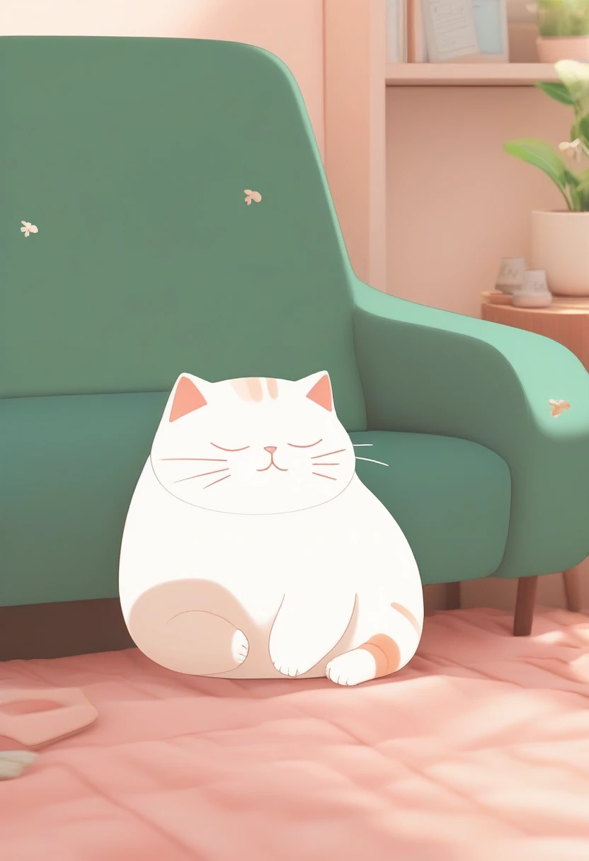 score_9, score_8_up, score_7_up, score_6_up, score_5_up, score_4_up, source_anime, 2.5D, cute plump cat is leaning on the sofa and napping, simple and cute picture book-like background with gentle color effects