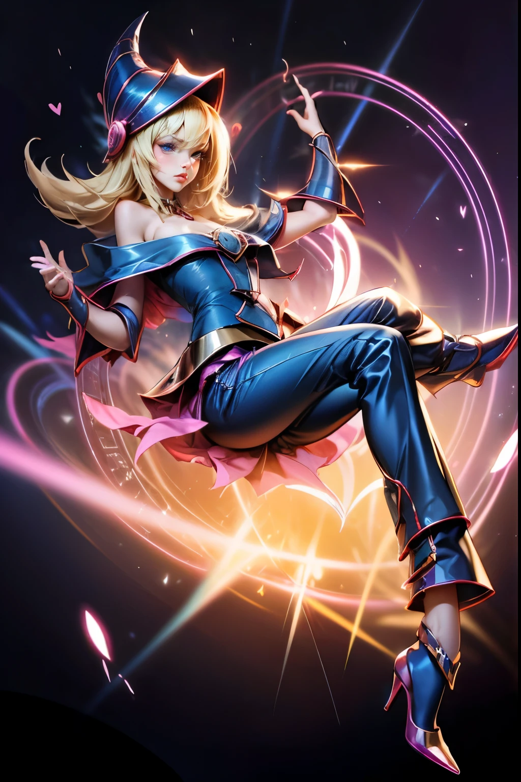 dark magician gils, with high-heels. pants, sexy, Subjective and sensual pose. magic background. Magical heart in the air. magic circle