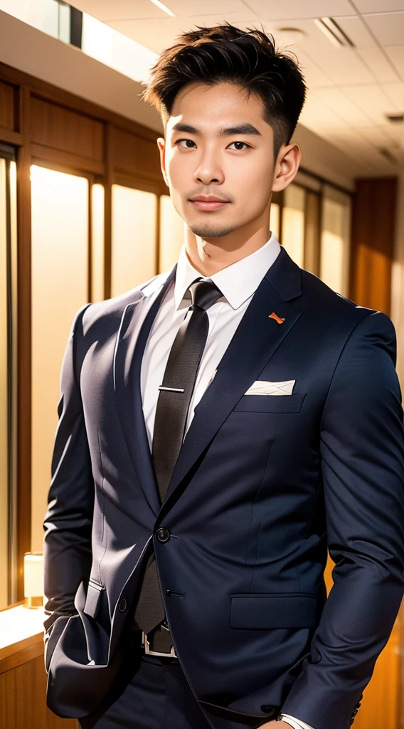 (realistically, Masterpiece, High resolution 8K, good light quality, Portrait, closed on face, complicated details), Handsome Korean Uncle (full body:1.2), Beard，Age 40, Staring at desire, detailed face, Detailed eyes, look at the sky, shirt, suit lac suit，tick,黑Eyes, (Pale skin), body standards,brown hair, smooth hair,Big Back， Outdoor activities, evening, sunset,office room, Exaggerated, impersonal