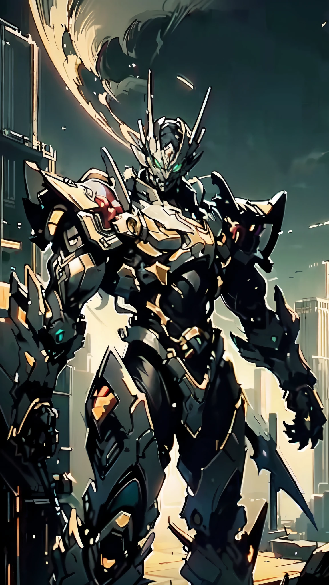 (masterpiece:1.5, best quality:1.5, extremely delicate:1.5, perspective:1.5, foreshortening:1.5, dynamic angle:1.5), a man wearing a full-face helmet, a fantasy-style biotech armored combat suit, green eyes, (a composite layered chest armor), fully enclosed shoulder guards, matching arm and leg guards, the belt is adorned with fangs biting into orbs, (the color scheme is primarily black with red accents), the design balances heavy with agility, a high-tech bio-mecha armor, (Armor Concept Inspired by Bat, stand on the top of a skyscraper in a futuristic sci-fi city), this character embodies a finely crafted fantasy-surreal style armored hero in anime style, exquisite and mature manga art style, (element, plasma, energy, the armor glows), ((male:1.5)), metallic, high definition, highres, ultra-detailed, ultra-fine painting, professional, perfect body proportions, golden ratio, anatomically correct, symmetrical face, extremely detailed eyes and face, high quality eyes, creativity, RAW photo, UHD, 32k, Natural light, cinematic lighting, masterpiece-anatomy-perfect