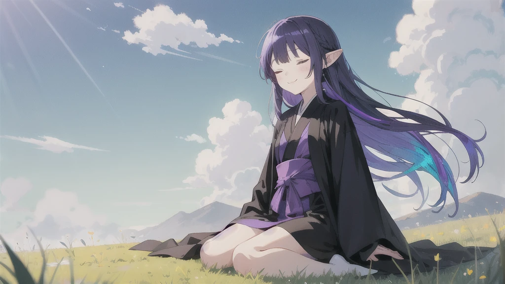 anime girl long purple hair wearing a black Robe. she has pointy ears. Manga kawaii. iridescent ,An illustration, 0ne person .Sitting in the grass, hair blowing in the wind, Eyes closed
