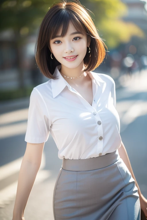 (A gorgeous Chinese office lady, age 22, wearing formal office attire, short-sleeve white shirt with collar and buttons, grey pencil skirt, walking gracefully at morning dawn, friendly and kind expression, gentle smile, dimpled smile, cute snaggle-tooth, Korean_Bob_Haircut_Side_Bangs_Sophistication, symmetrical face, very beautiful detailed face, beautiful eyes, detailed eyes, ample round bosom, perfect body proportions, photorealistic, hyper-realism, high contrast, ultra HD, realistic skin textures, top image quality, top-quality, super high resolution, fine details, very meticulously, masterpiece, head to knees, high angle shot, romantic atmosphere, bokeh night background)
