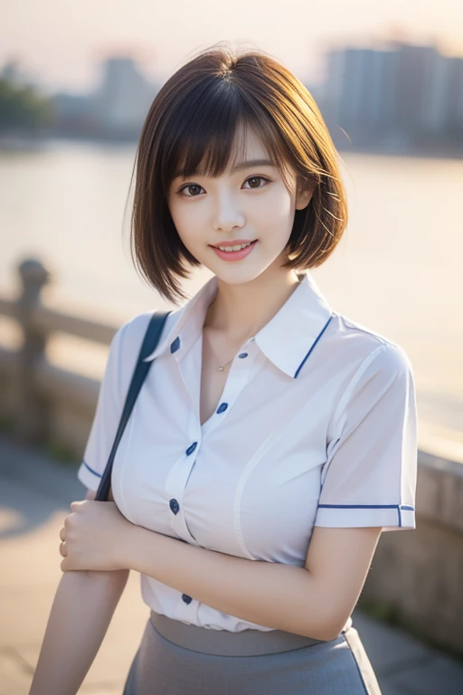 (A gorgeous Chinese office lady, age 22, wearing formal office attire, short-sleeve white shirt with collar and buttons, grey pencil skirt, walking gracefully at morning dawn, friendly and kind expression, gentle smile, dimpled smile, cute snaggle-tooth, Korean_Bob_Haircut_Side_Bangs_Sophistication, symmetrical face, very beautiful detailed face, beautiful eyes, detailed eyes, ample round bosom, perfect body proportions, photorealistic, hyper-realism, high contrast, ultra HD, realistic skin textures, top image quality, top-quality, super high resolution, fine details, very meticulously, masterpiece, head to knees, high angle shot, romantic atmosphere, bokeh night background)