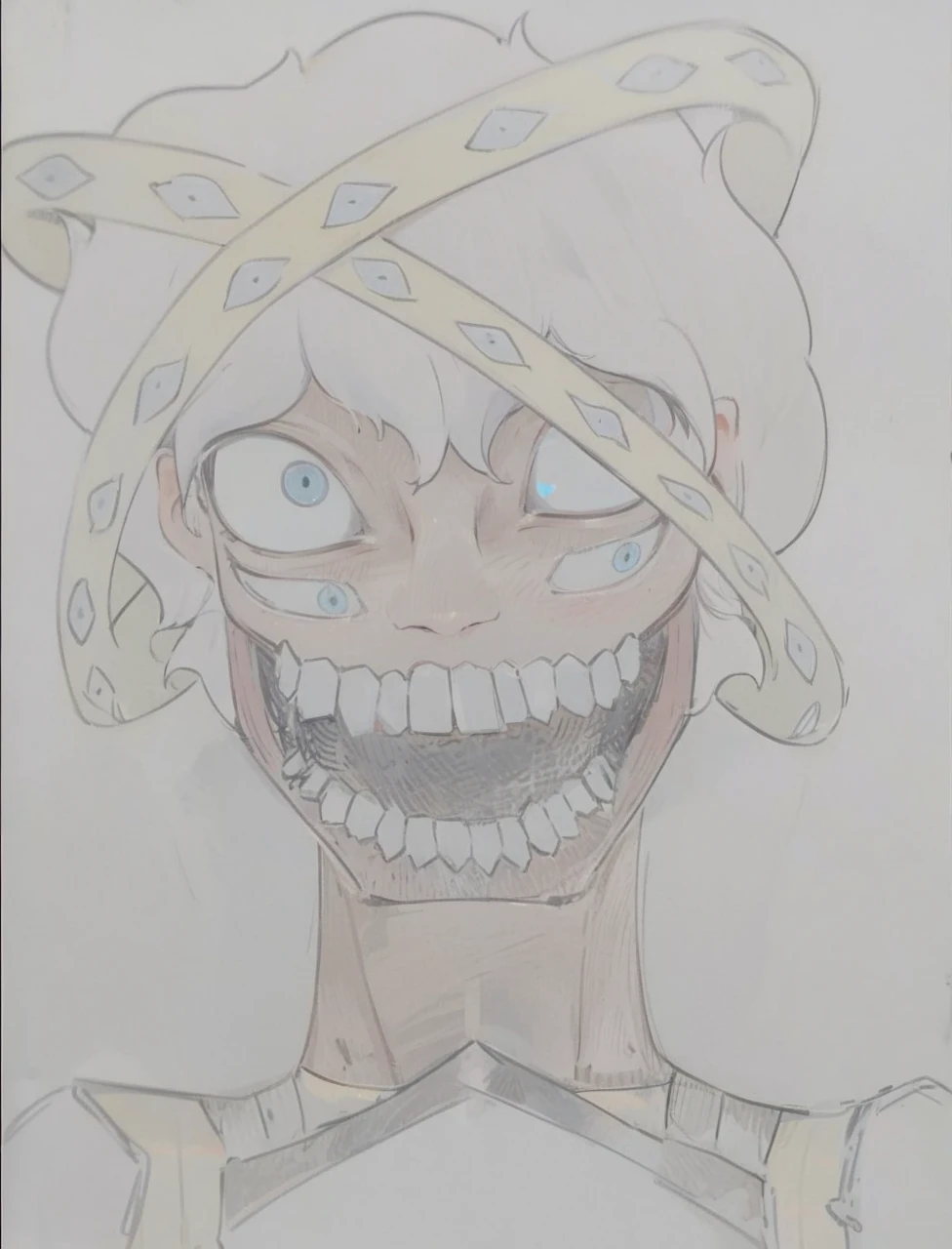 An angel with black skin tone , with halos with eyes , with golden armor and white, curly hair 