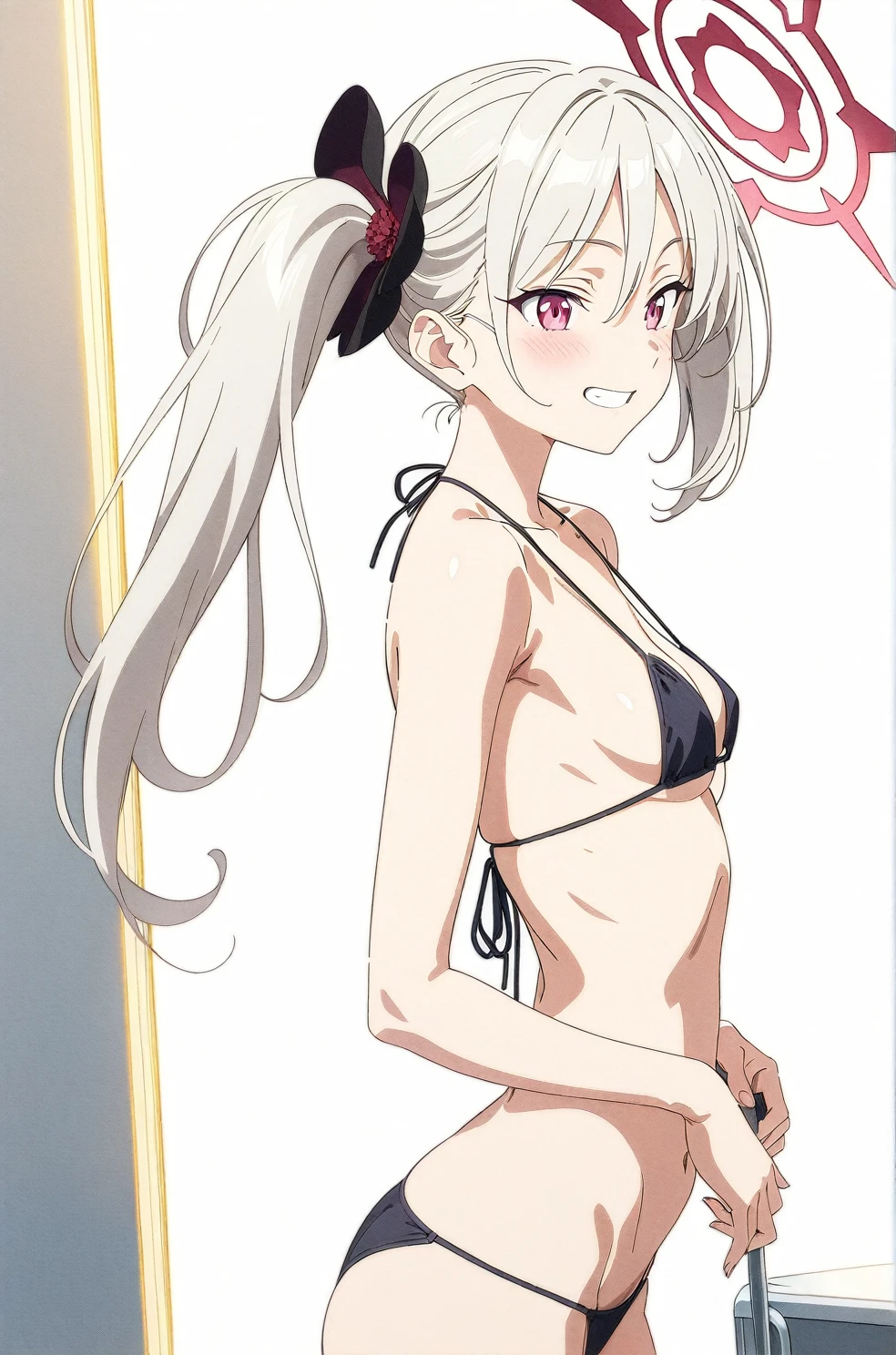 best quality, amazing quality, very aesthetic, absurdres, (1girl, mutsuki, blue archive, solo, red eyes, white hair, side ponytail), (realistic face:0.9),(string bikini:1.8),dress lift, (grin, blush, thigh:1.3), (cowboy shot), (glowing eyes), (half closed eyes:0.9), (from side:2), (official art:1.3), (pool), expressive eyes, perfect face, 4k, extremely detailed anime illustration, extremely detailed eyes, perfect anatomy, light rays, extremely delicate body, smooth skin, (simple background:1.5), clear eyes, beautiful face, small breasts,(anime style:1.7), (Warm Light:1.5), (highres:2),