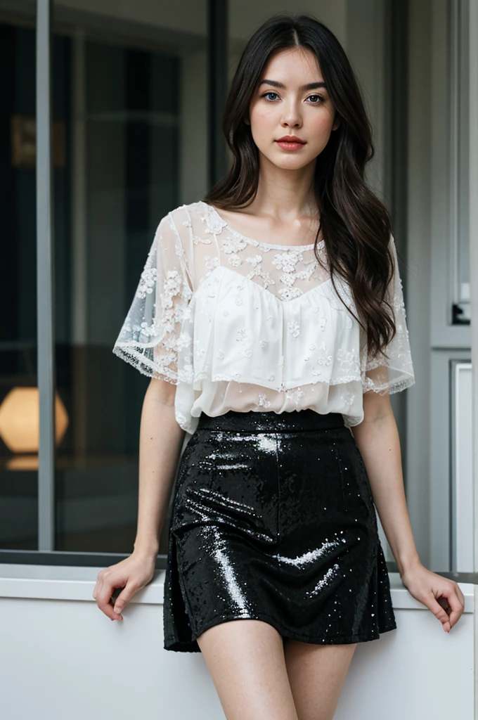 an icelandic woman with beautiful Delicate eyes, Beautiful and delicate lips, Extremely detailed face and skin, Pale skin, 23 years old, Wearing a dark lace top, black sequined skirt, skirt, high heels, Natural eyes, gentleness, elegance,medium long shot, Standing on the model stage, sitting posture, beautiful lights, sexy figure, long legs, full body portrait. Beautiful photography,Long eyelashes, Good anatomy , Practical skin texture, Delicate eyes, professional, 4K, Wide-angle lens, Optical Depth of Field, Kodak Vision Color, Perfectly proportioned body, Extremely detailed, ultra-photoPractical, Practical, Post-Processing, Maximum details, Roughness, real life, ultra -Practical, Photorealism, photography, 8K Ultra HD, photography