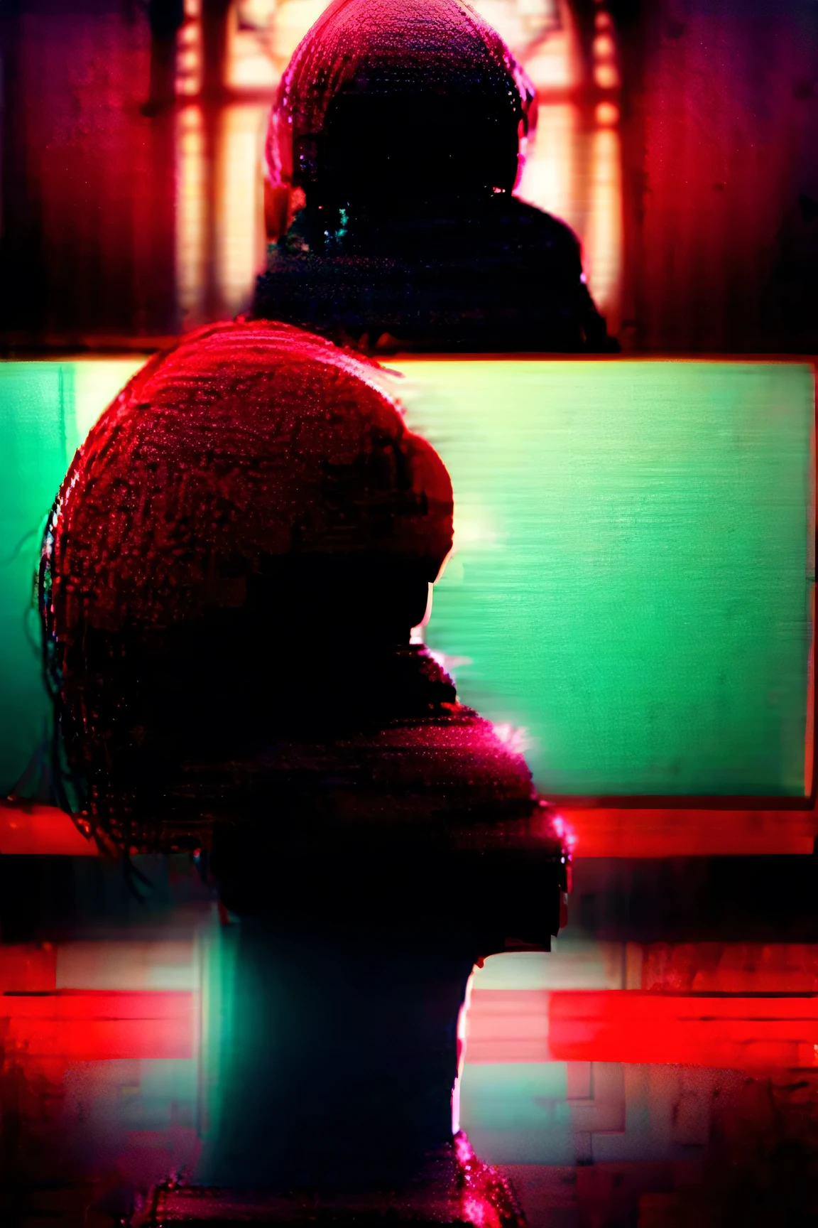 a masterpiece, a woman with red eyes stands in front of a window, beautiful eyes are visible on a large monitor screen in the background, a girl in the center, a silhouette of a girl in the center, red lighting, red eyes, blood, detailed, luminous, dim room, lighting from screens, monitor panels that depict girls, on monitor panels eyes are visible, many eyes.
