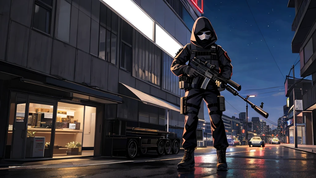 A full body view wearing a black tactical outfit with a mask covering half of his face holding a sniper Aiming down at night